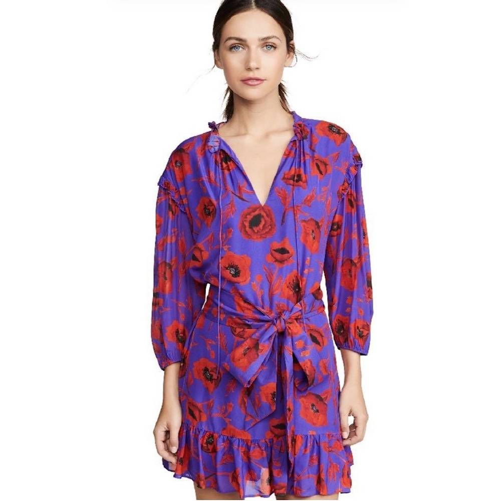 Alice & Olivia Ellamae Floral Ruffle Minidress In Poppy Garden Eggplant –– NWT